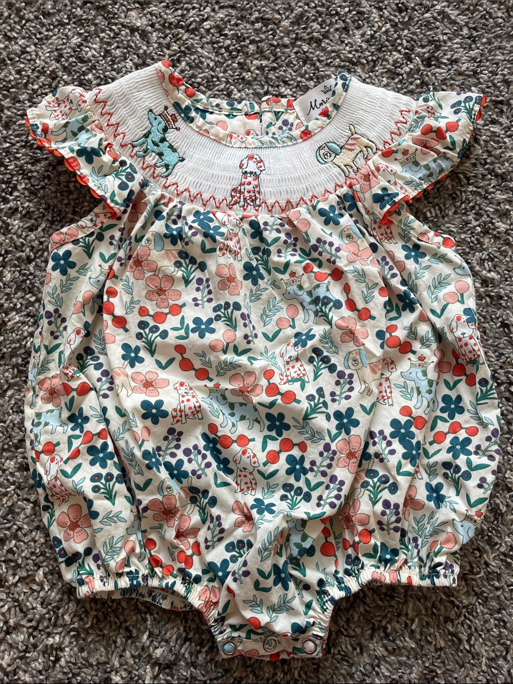 Marie Nicole Smocked Floral & Puppy Print Baby Romper - Size 6-9 months